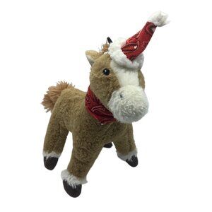 Plush Brown Horse Squeaker Dog Toy Red Bandana & Santa Hat 10" Tall